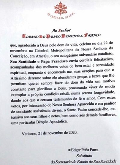 Papa Francisco concede Bênção Apostólica à Albano Franco